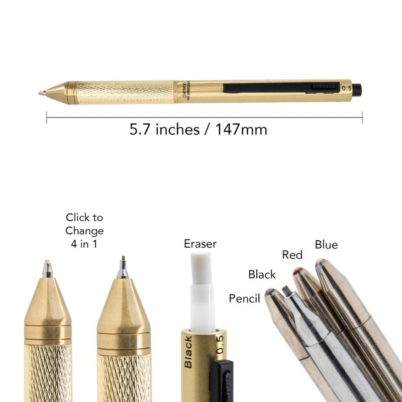 Monteverde USA Quadro 4-in-1 Multifunction Pen - Black Finish - Three Ballpoint Colors & Mechanical Pencil - Durable Brass Barrel with Knurled Grip - Portable & Refillable - Image 5